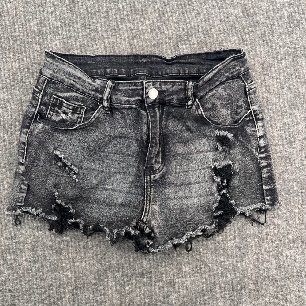 SHEIN Womens Distressed Denim Shorts Washed Black Ripped Frayed Hem Size L 10